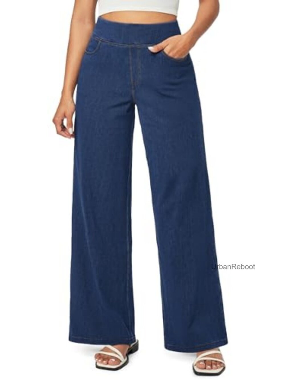 Wide Leg Jeans for Women High Waisted Pull On Stretchy Denim Pants 4 Pockets